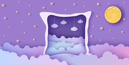 Night sky clouds frame like pillow in paper cut style. Cut out 3d background with violet and blue gradient cloudy landscape with gold stars and full moon papercut art. Cute vector origami clouds.のイラスト素材