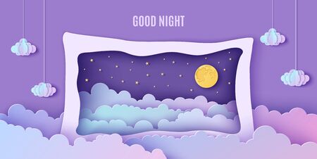 Night sky clouds frame like pillow in paper cut style. Cut out 3d background with violet and blue gradient cloudy landscape with gold stars and full moon papercut art. Cute vector origami cloudsのイラスト素材