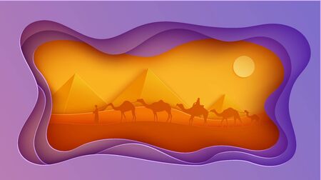 Traditional caravan walking throw egyptian desert in papercut style. Cutout wavy craft frame with panorama pyramid wildlife. Vector abstract paper cut sunset with riding camel people. Wild life desertのイラスト素材