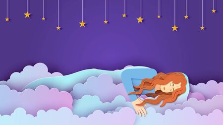 Sleeping girl in clouds in paper cut style. Young woman sleep and dreaming in night sky with gold stars on rope. Creative craft cloudy landscape. Fairy good night and sweet dreams vector illustrationsのイラスト素材