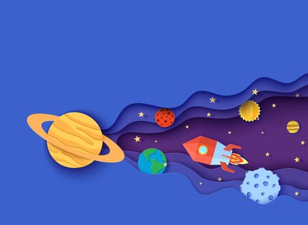 Space with red rocket and planets in paper cut style. Cut out 3d universe abstract background with planet Earth, Sun, Mercury, Saturn, Moon, Jupiter and spacecraft launch papercut art. Vector cardのイラスト素材