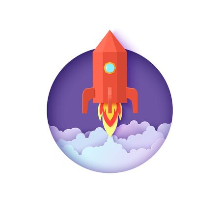 Red rocket launch in space in paper cut style. Round white frame with get start polygonal spaceship. Vector 3d kids background with fire and cloud sky. Startup business concept for motivation poster.のイラスト素材