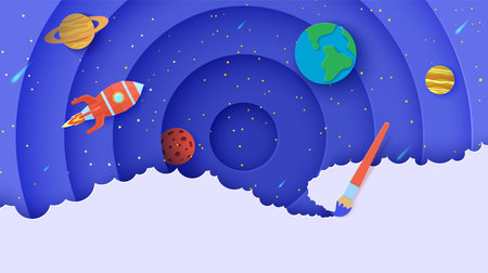 Space with planets and flying red polygonal rocket in paper cut style. Vector planets Earth, Saturn, Mercury, Jupiter, Mars and paintbrush draw on abstract layered circle origami background.のイラスト素材