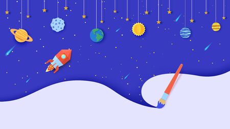 Space with planets on rope and flying red polygonal rocket in paper cut style. Cut out 3d abstract background with planet Earth, Sun, Mercury, Jupiter and paintbrush draw. Vector card illustration.のイラスト素材
