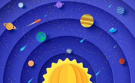Solar system model in paper cut style. Round layers galaxy space with cartoon planets, red polygonal rocket, comets and origami UFO. 3d vector background with flying saucer in starry night sky.のイラスト素材