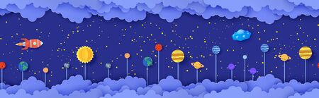Night sky seamless pattern with planets on stick in paper cut style. Cut out 3d background with cloudy landscape with space solar system papercut art. Kids vector origami repetitive borderのイラスト素材