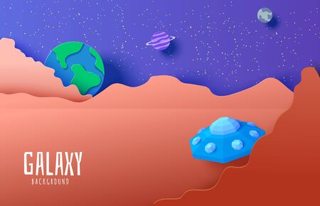 Space landscape in paper cut style. Cartoon Earth, Neptune, Mercury planets, blue polygonal UFO. 3d vector card with origami flying saucer in starry night sky, Kids illustration of paper craft galaxyのイラスト素材