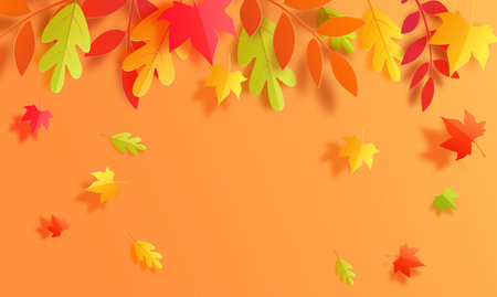 Autumn background in cut paper style. Papercut falling leaves autumn border. Autumn leaf is cut out...