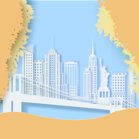 New York in autumn season landscape in paper cut style. Cut out American skyscraper, bridge, Statue of Liberty, business center, residential areas from cardboard Vector 3D illustration of NYC panoramaのイラスト素材