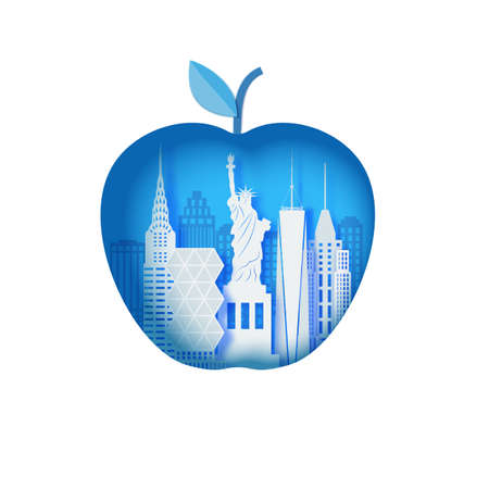 New York landscape in apple form frame in paper cut style. Cut out map silhouette skyscraper, Statue of Liberty, business center from cardboard. Vector 3D illustration of NYC papercut panoramaのイラスト素材