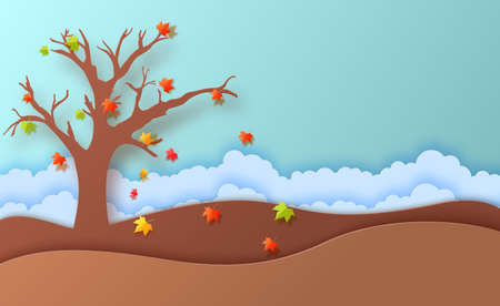 Autumn season fall leaves and cloudy landscape in paper art style. In autumn time, silhouette tree and hill are papercut art. Vector 3d illustration cut out of cardboardのイラスト素材