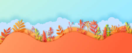 Autumn leaves wavy border in paper cut style. Vector 3d illustration of different color leaf, with realistic shadow. Cut out of cardboards elements, decoration of autumn holiday on blue sky backgroundのイラスト素材