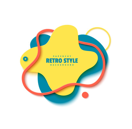 Abstract geometric shapes in cut paper style. Creative flyer Memphis 80s 90s retro element layered bubbles cut out of cardboard. Modern vector banner template with liquid color wavy splashのイラスト素材