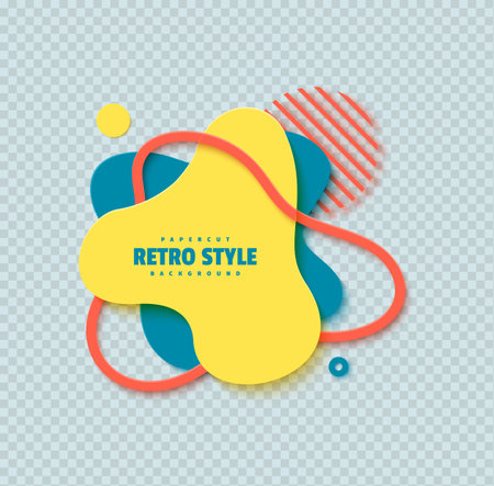 Abstract geometric shapes in cut paper style. Creative flyer Memphis 80s 90s retro element layered bubbles cut out of cardboard. Modern vector banner template with liquid color wavy splashのイラスト素材