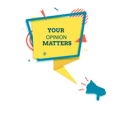 Your opinion matter badge in paper cut style. Leave a review layered labels with loudspeaker. Rectangular yellow speech bubble in memphis retro design. Vector illustration of sticker with megaphone.のイラスト素材