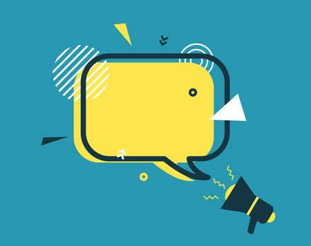 Yellow speech bubble and megaphone in flat art. Memphis style banner with geometric shapes. Colorful sticker with place for promotion text, price tag, sale ad. Vector card illustrationのイラスト素材