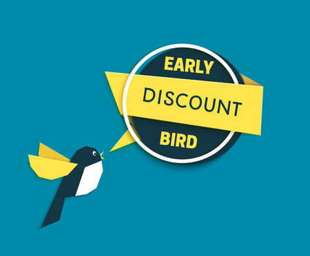 Early bird discount banner in paper cut style. Speech bubble with geometric shapes. Special discount sale event banner or poster with chirping cute bird. Vector flat illustration. Advertising templateのイラスト素材