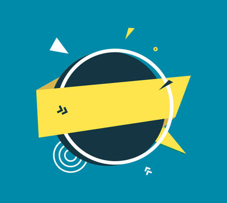 Yellow rectangle and blue circle in paper cut art. Memphis style banner with abstract geometric shapes. Colorful sticker with place for promotion text, price tag, sale ad, papercut vector illustrationのイラスト素材