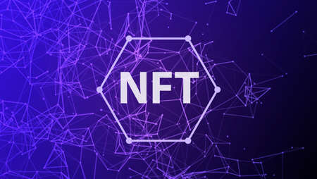 NFT non-fungible token concept on polygonal abstract background. Plexus connect lines with polygonal shapes on dark blue backdrop and white non fungible token sign. Vector card illustrationのイラスト素材