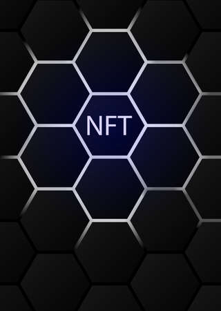 NFT non-fungible token concept on polygonal abstract background. Hexagon shapes pattern with lighting lines on dark backdrop and white non fungible token sign. Vector card illustrationのイラスト素材