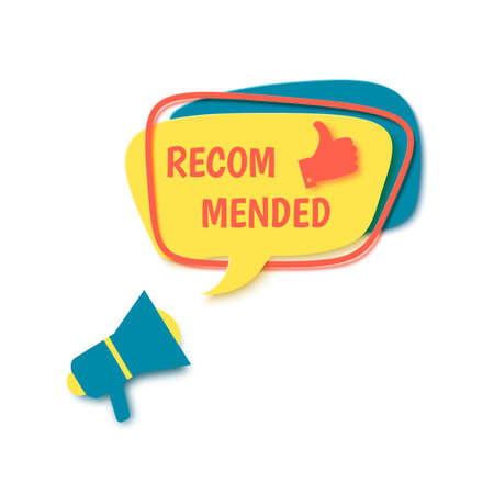 Recommended labele with thumbs up and megaphone in paper cut style. Flat banner with like sign cutout from cardbord. Flat speech bubble in retro memphis style. 3d papercut vector illustrationのイラスト素材