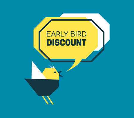 Early bird discount banner in paper cut style. Speech bubble with origami birdie. Special discount sale event banner or poster with chirping cute bird. Vector flat illustration. Advertising template.のイラスト素材