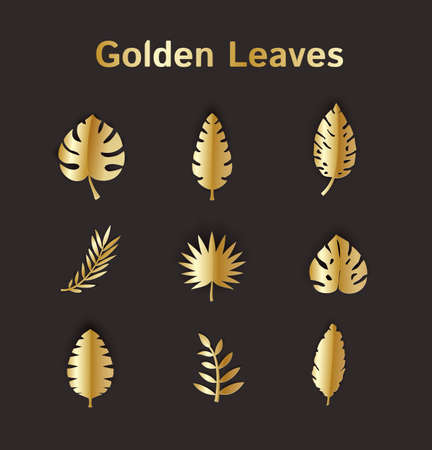 Set of gold summer tropical leaves in paper cut style. Craft jungle plants collection on black background. Vector card illustration for black friday promotion design.のイラスト素材