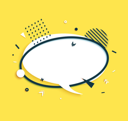 White speech bubble and round black frame in paper cut style. Memphis art banner with geometric...