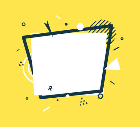 White rectangle and black frame in flat style. Memphis art banner with abstract geometric shapes. Outline sticker with place for promotion text, price tag, sale ad. Vector card on yellow background.のイラスト素材