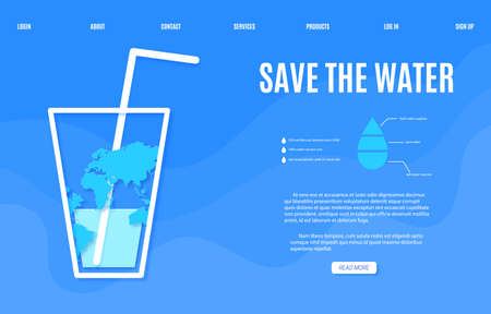 Web page Save the Water banner design template in paper cut style. Outline glass is half empty with straw and Earth map silhouette on blue background. 22 March World Water Day website vector conceptのイラスト素材