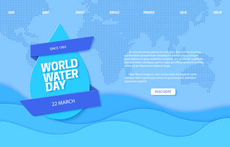 Web page Save the Water banner design template in paper cut style. Cut out drop and ribbons on blue Earth map silhouette background. 22 March World Water Day website vector conceptのイラスト素材