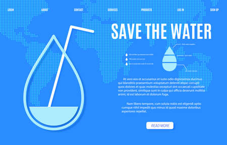Web page Save the Water banner design template in paper cut style. Outline drop is half empty with drink straw and blue Earth map silhouette. 22 March World Water Day website vector concept.のイラスト素材