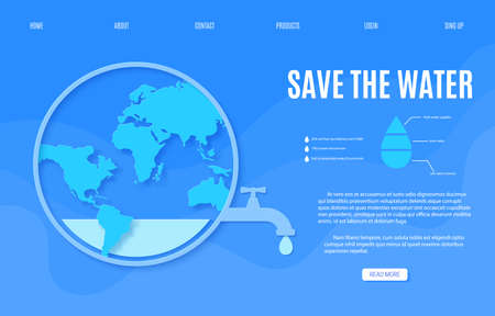 Web page Save the Water banner design template in paper cut style. Outline circle with faucet tap with a dripping water drop and Earth map silhouette. 22 March World Water Day website. Vectorのイラスト素材