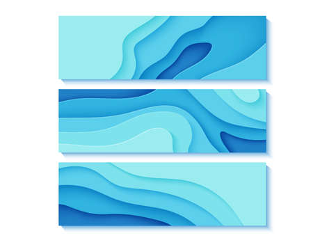 Set of blue flyers in paper cut style. Collection of horizontal banners 3d abstract background. Vector environmental cards template with top view cut out wavy shapes for posters, business presentationのイラスト素材
