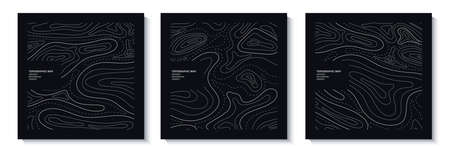 Set of topography flyers. Outline cartography landscape. Collection of three banners with topography relief map. Modern cover design with wavy lines. Vector illustration with weather outline patternのイラスト素材