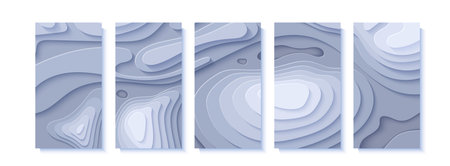 Set of topographic map flyers in paper cut style. Collection of 3d abstract banners with cut out...