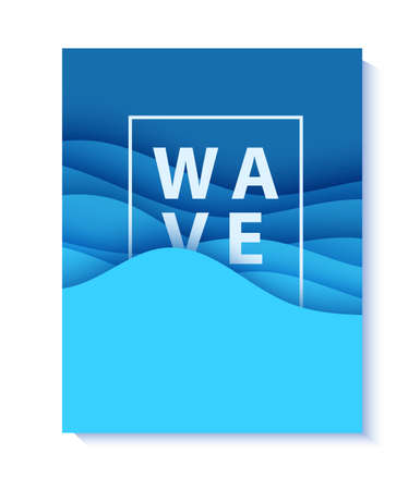 Poster with word WAVE and white frame in paper cut style. 3d abstract background with cut out deep waves modern cover. Blue layered papercut art. Vector card illustration origami environment template.のイラスト素材