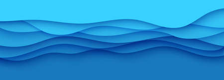 Wavy border in paper cut style. 3d abstract background with cut out deep waves modern cover. Blue color layers with smooth shadow papercut art. Vector card illustration origami environment template.のイラスト素材