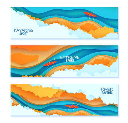 Set of top view cloudy landscape banners in paper cut style. Eco tourism 3d flyers with aerial view river autumn trees and kayak boat. Vector card illustration of extreme rafting sport papercut art.のイラスト素材