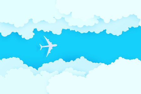 The plane flies between white clouds in the blue sky in paper cut style. 3d papercut background with...