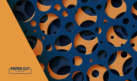 Abstract background with cut out circles of different sizes in paper cut style. Layered 3d backdrop with round holes. Vector card illustration in dark grey and orange shapes cut out from cardboard.のイラスト素材