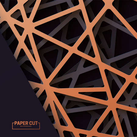 3d realistic backdrop with cutout copper and black color stripes entangled web. Abstract luxury background in paper cut style. Vector card illustration. Origami technological wallpaper in papercut artのイラスト素材