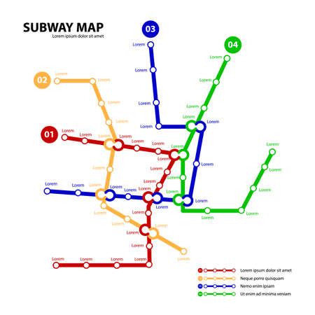 Subway map. Template of fictional city public transport scheme for underground road. Metro or bus abstract traffic pattern with different color routes. Vector card illustration for infographic designのイラスト素材