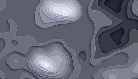 Topographic map in paper cut style. 3d abstract background with cut out waves modern cover. Dark color holes and mountains papercut art. Vector card illustration and origami smooth geometric shapesのイラスト素材