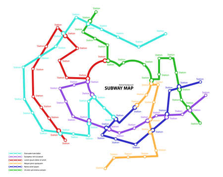 Subway map. Template of fictional town public transport scheme for underground transition road. Metro or bus abstract traffic pattern with circular heart shape color routes. Vector card illustrationのイラスト素材