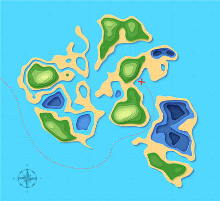 Top view landscape map with cross shape in paper cut style. Aerial view 3d background with ocean forest and island. Vector papercut illustration of creative concept nature and environment conservationのイラスト素材