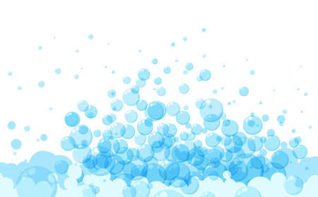Soap bubbles in cartoon style. A foam sample with blue round shapes. Vector illustration of a card with shampoo or drinking foam. Simple soap background. Oxygen circles fly upのイラスト素材