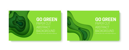 Go green abstract background in paper cut style. 3d layout wallpaper cut out from cardboard. Modern template with abstract curve shapes. Vector environmental card with papercut waves for eco poster.のイラスト素材