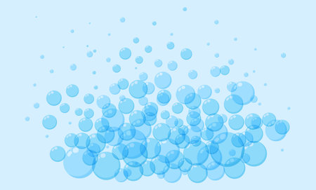 Soap bubbles in cartoon style. A foam sample with blue round shapes. Vector illustration of a card...