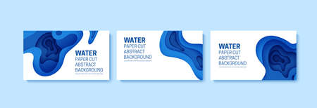 Set of abstract backgrounds in paper cut style. 3d wallpaper with cut out deep waves modern cover. Blue color layers with smooth shadow papercut art. Vector illustration, origami geometric shapesのイラスト素材